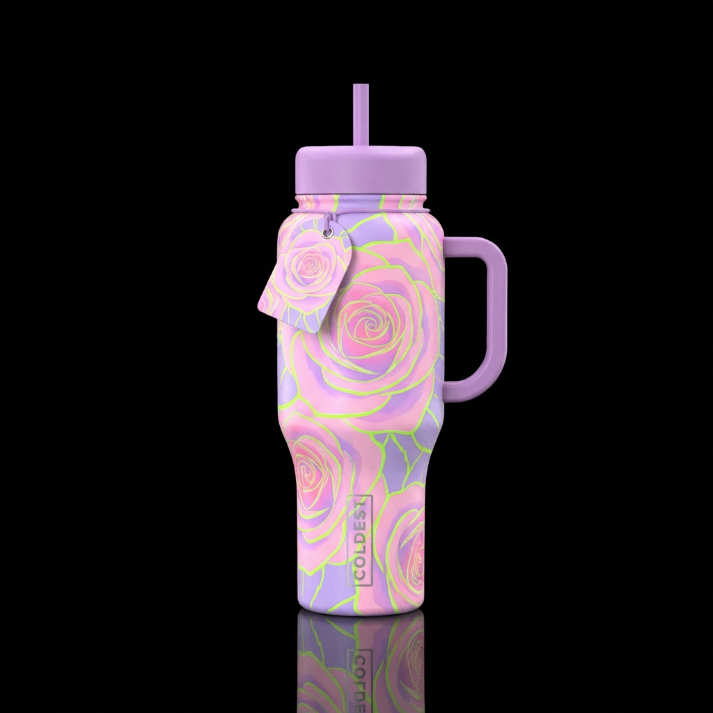 Pastel cup with florescent rose outline design wit... water bottle design