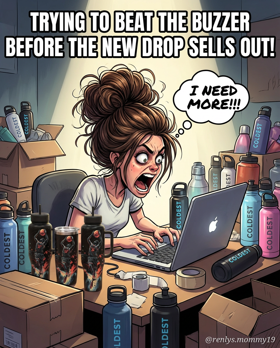 Girl with messy bun trying to frantically order on... water bottle design