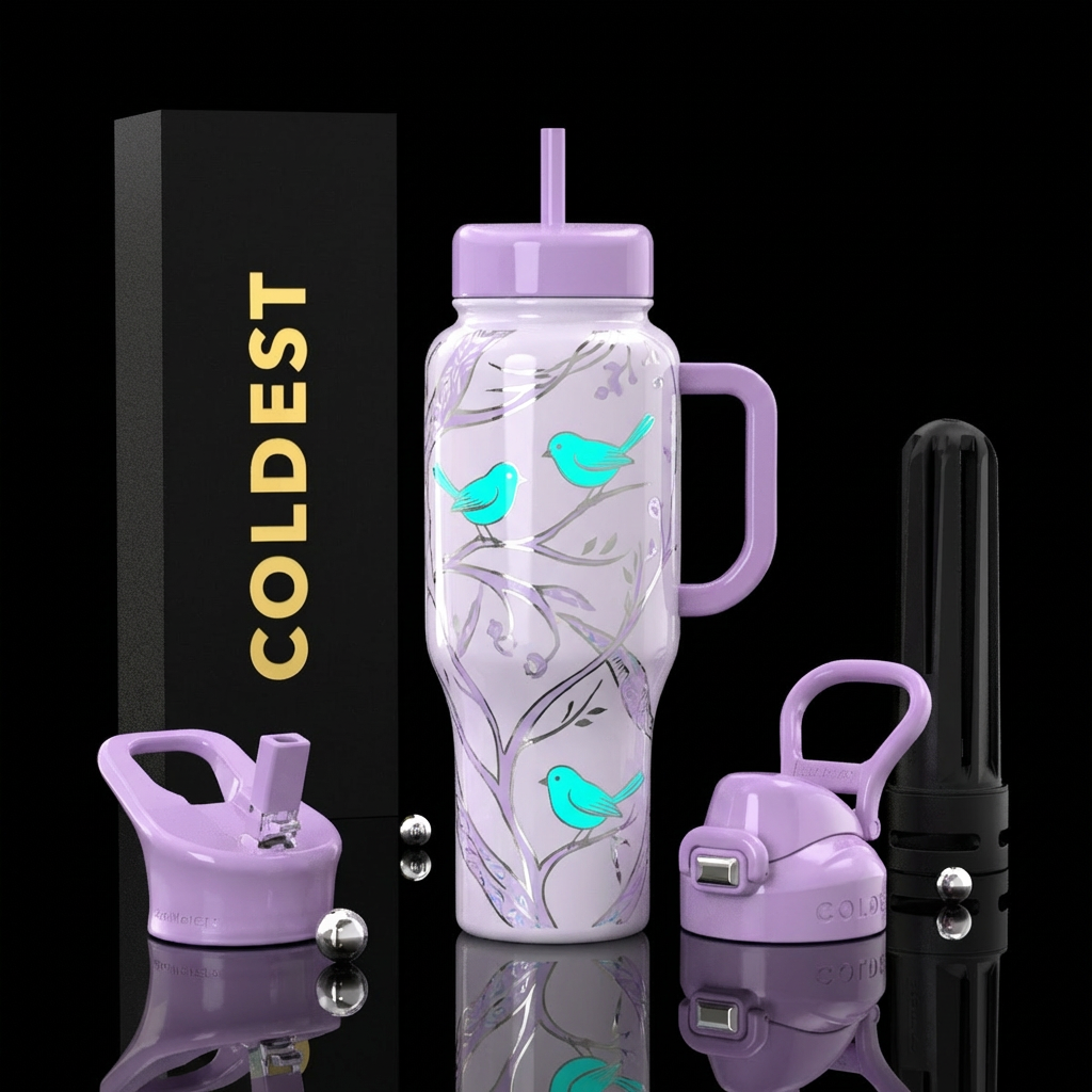 Porcelain cup with neon turquoise little birds and... water bottle design