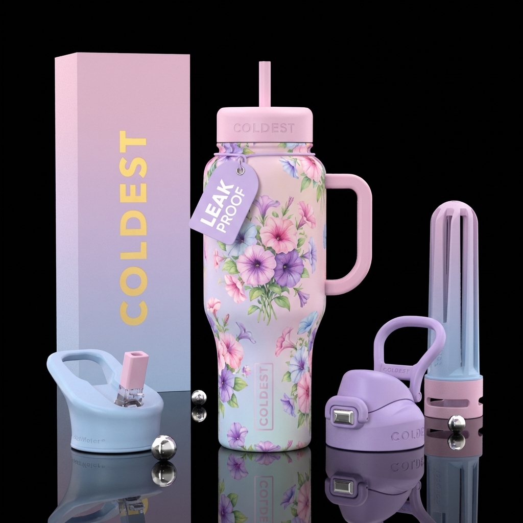 Cup made of pastel bouquet of petunias with matchi... water bottle design