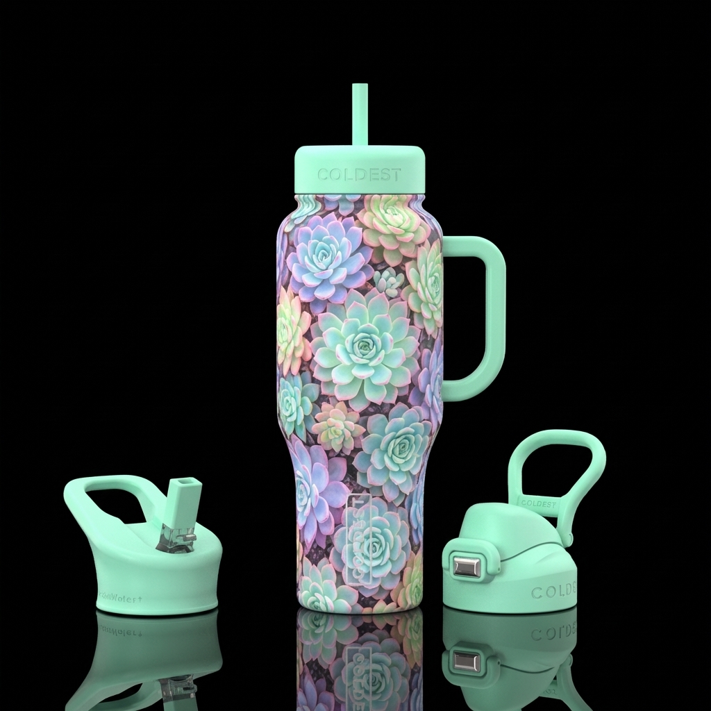 Cup made of pastel neon bouquet of succulents with... water bottle design