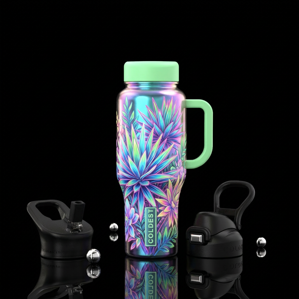 Cup made of pastel neon bouquet of yucca with matc... water bottle design