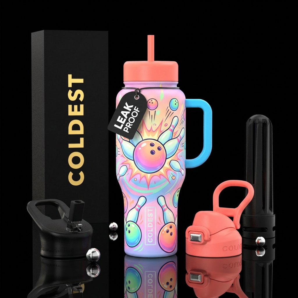 Pastel neon bowling ball striking pins with matchi... water bottle design