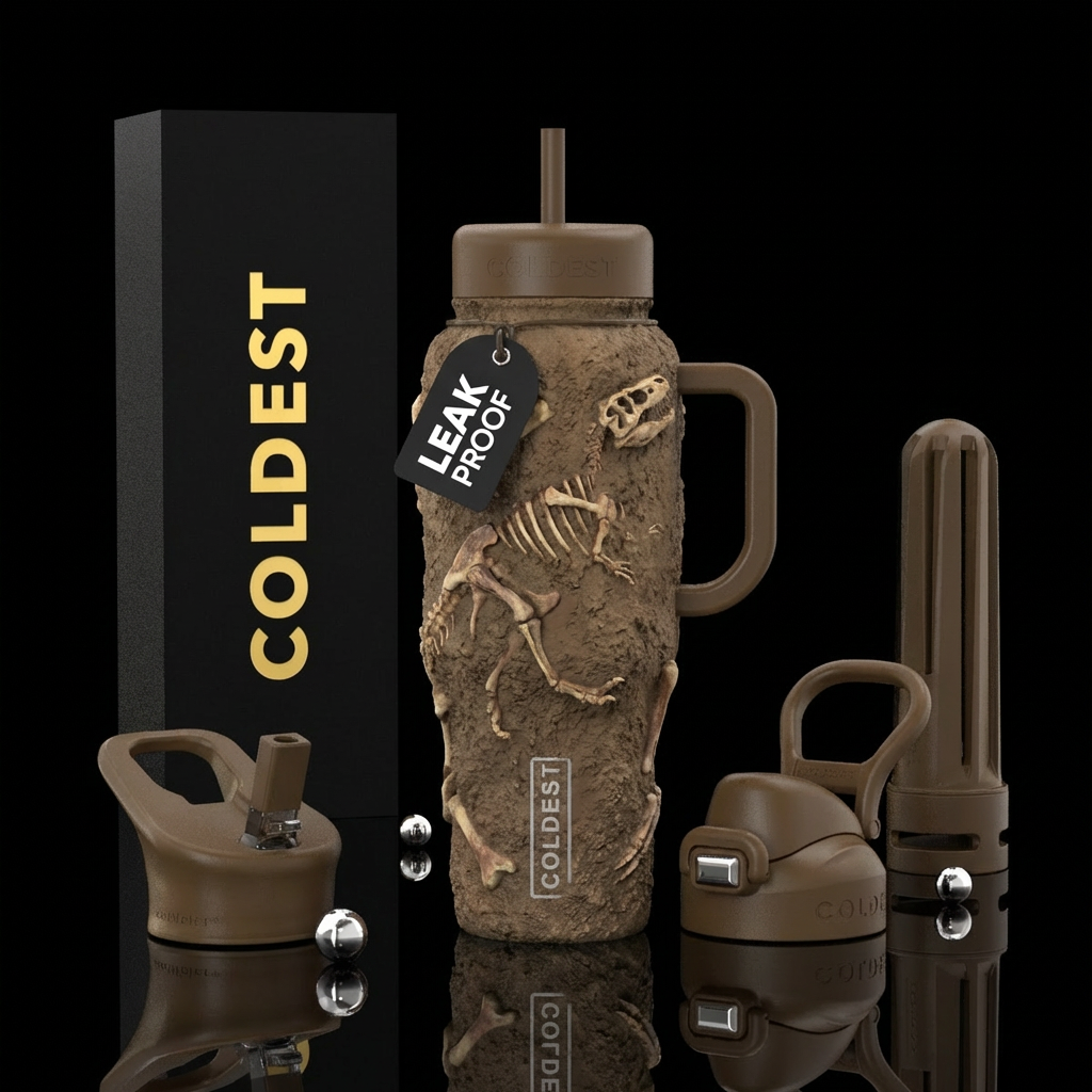 Cup made of  dirt with dinosaur bones begining to ... water bottle design