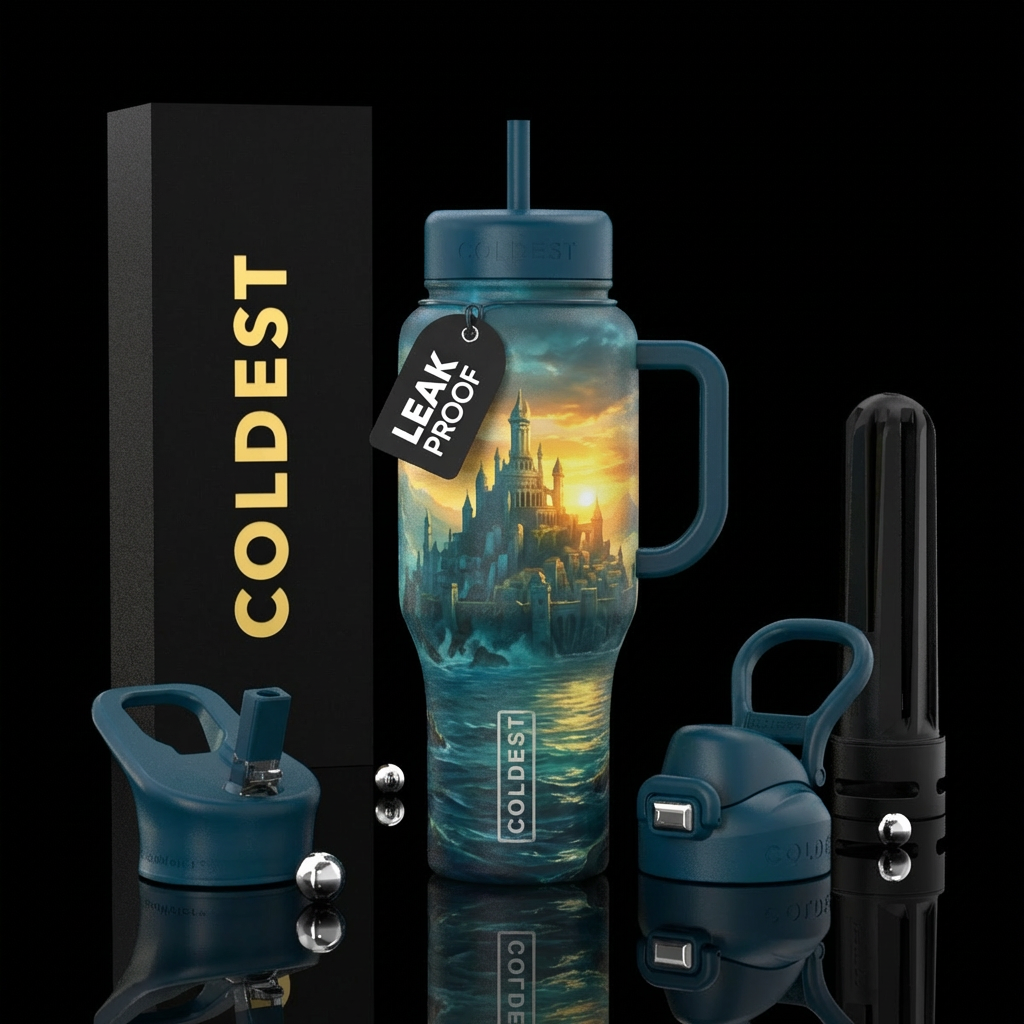 Real Ancient atlantians castle in the distance bef... water bottle design