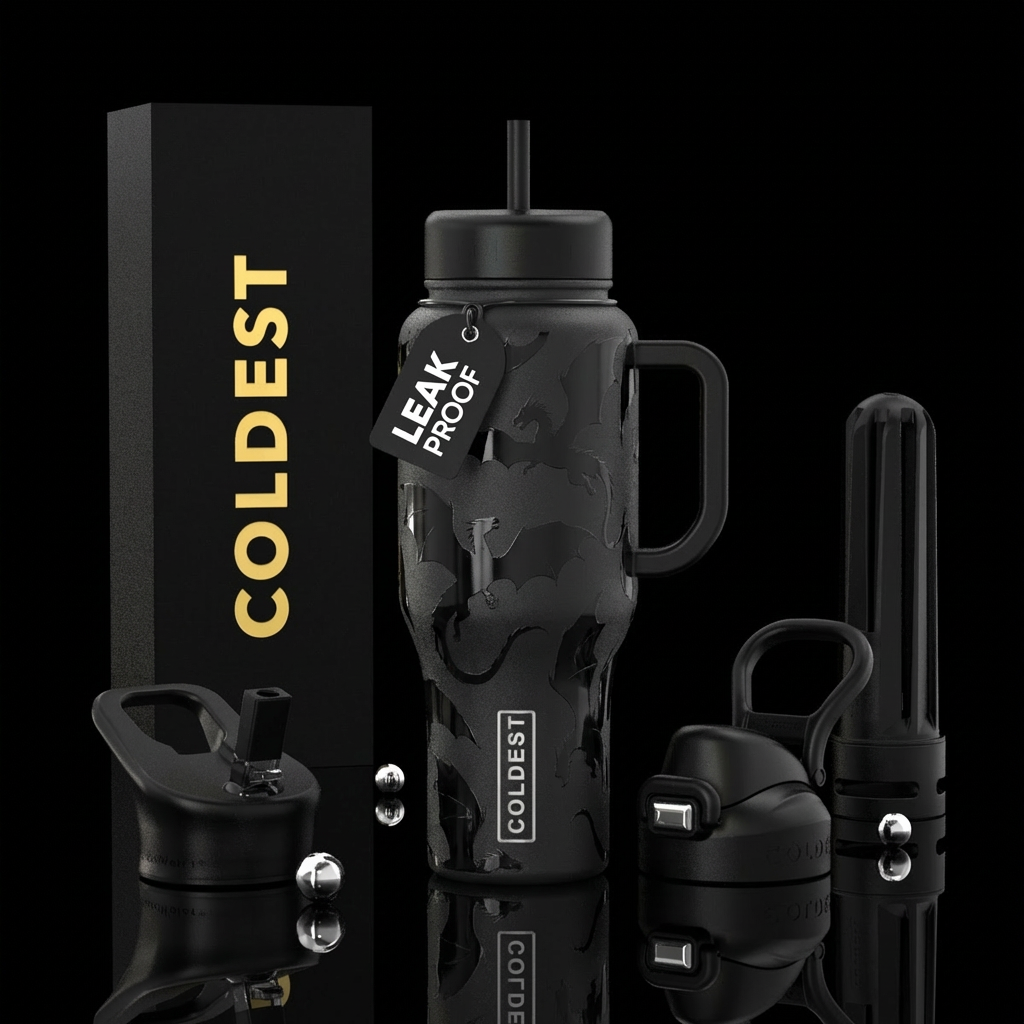 Matte Black bottle with glossy flying dragon patte... water bottle design