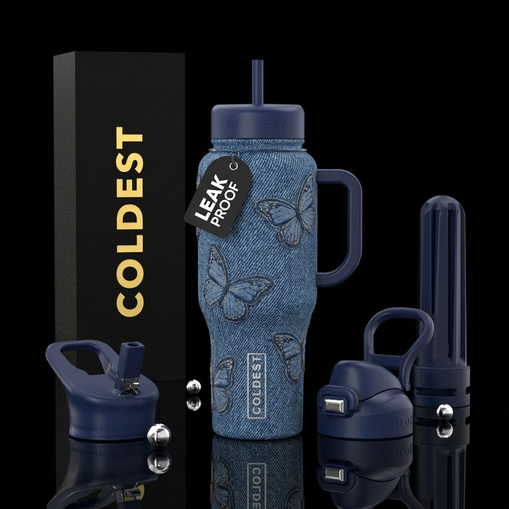 Cup made of denim with denim butterflies with matc... water bottle design