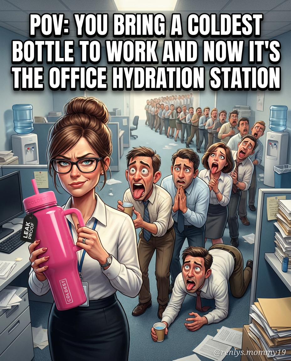 Office lady standing at cubicle with a line of co-... water bottle design