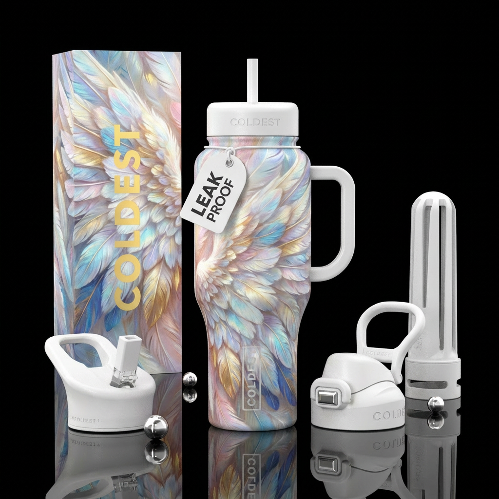 Cup made of angel wing feathers with matching whit... water bottle design