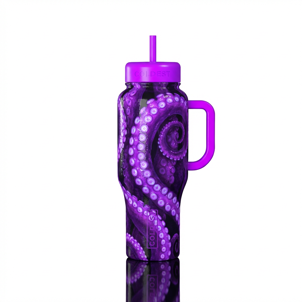 Cup made of giant florescent purple kraken tentacl... water bottle design