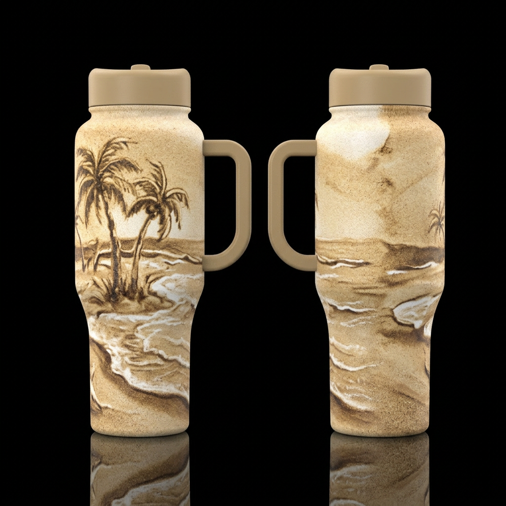 Ocean scene painted in the sand with matching lids... water bottle design