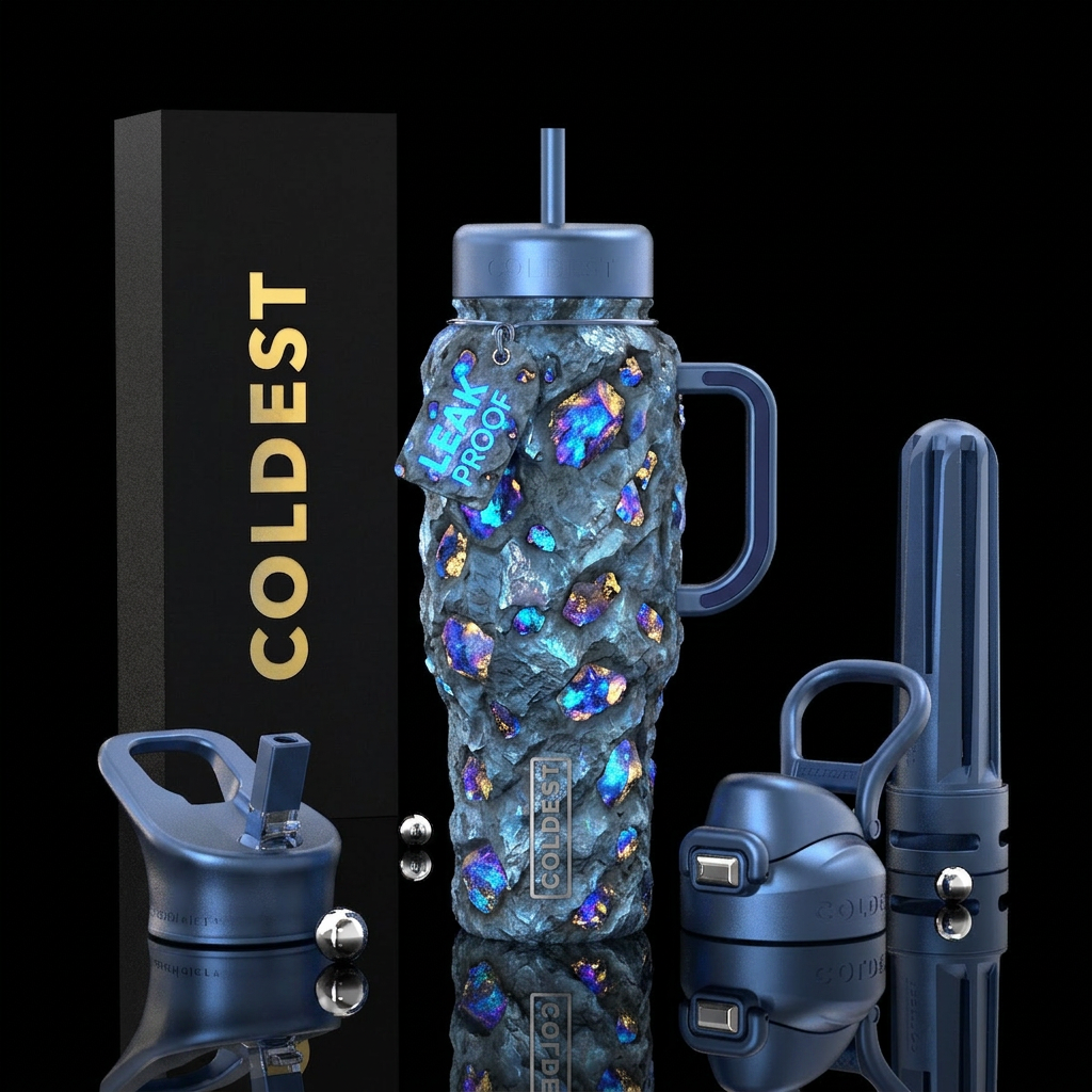 Cup made or hot blue shiny rock from space with gl... water bottle design