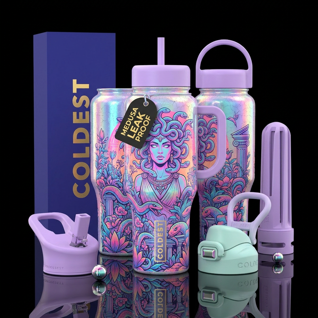 Holographic porcelain cup with pastel ombre neon p... water bottle design