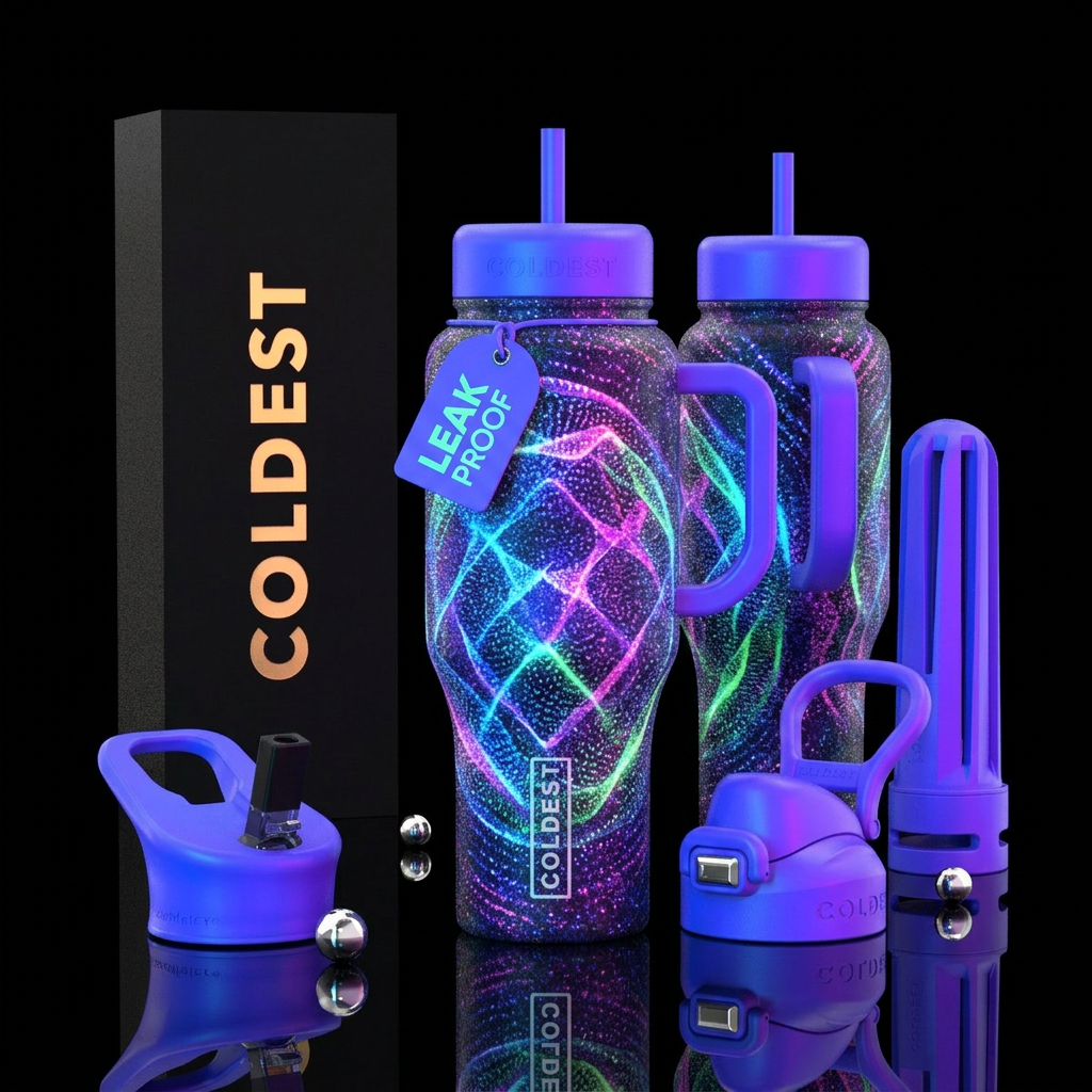 Neon colored Layered Glitter cymatics design with ... water bottle design