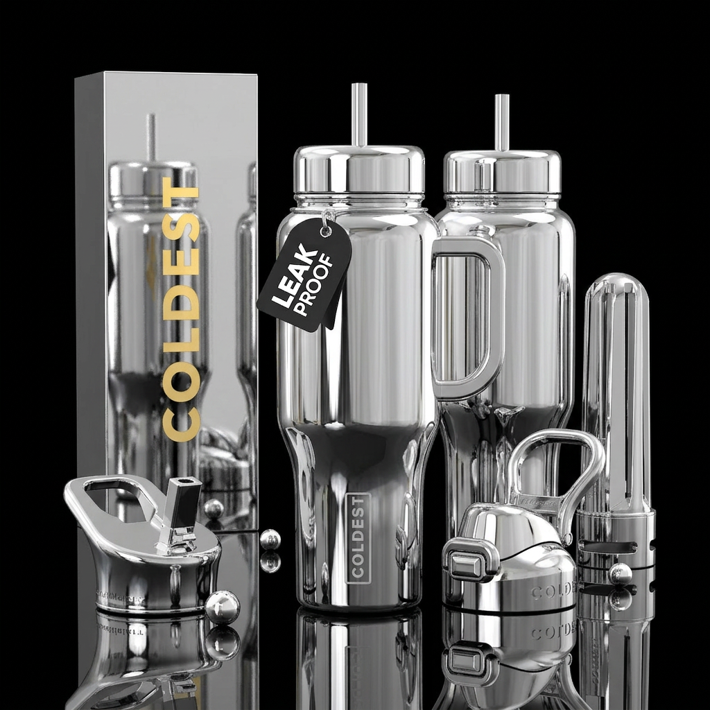 Cup made from chrome with matching lids and handle... water bottle design