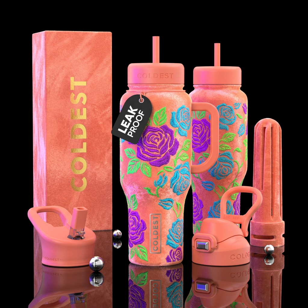 Bright neon peach velvet cup with neon purple and ... water bottle design