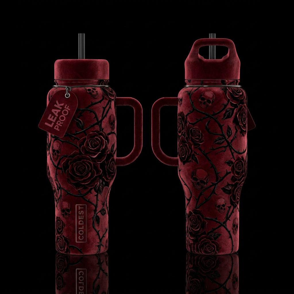 Dark Red and black Velvet, small skulls, Thorns, b... water bottle design