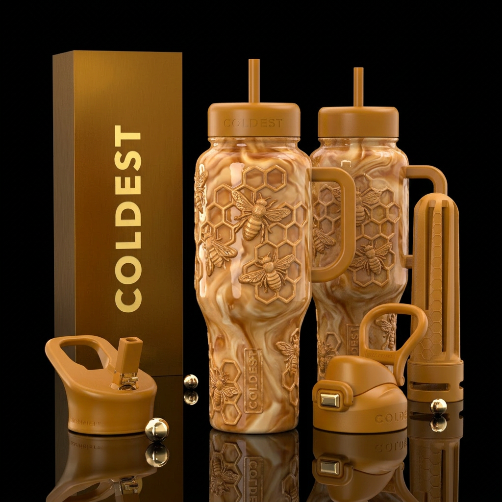 Glossy Cup made of milky caramel and honey with be... water bottle design