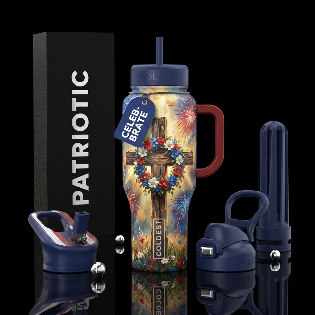 3d oil painted wooded cross with red white and blu... water bottle design