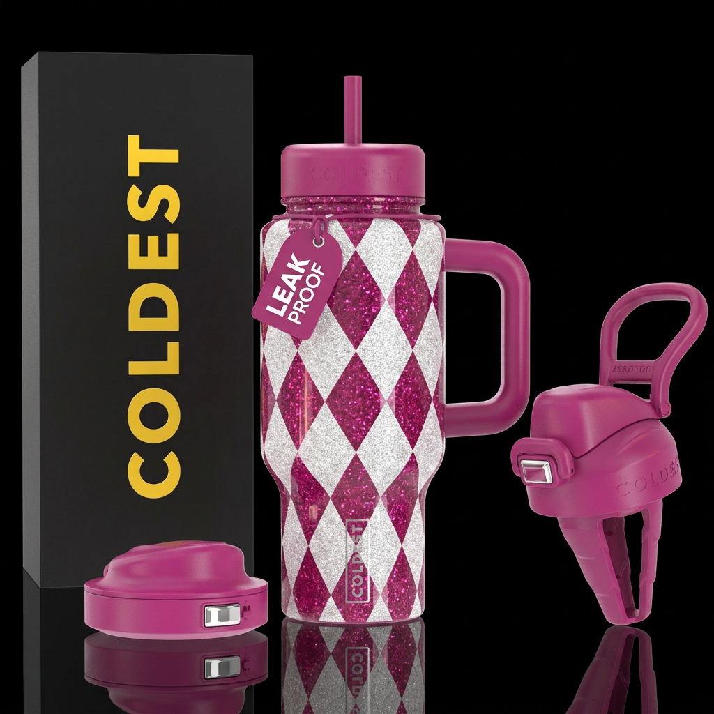 Early 2000s style Bright translucent fuchsia glitt... water bottle design