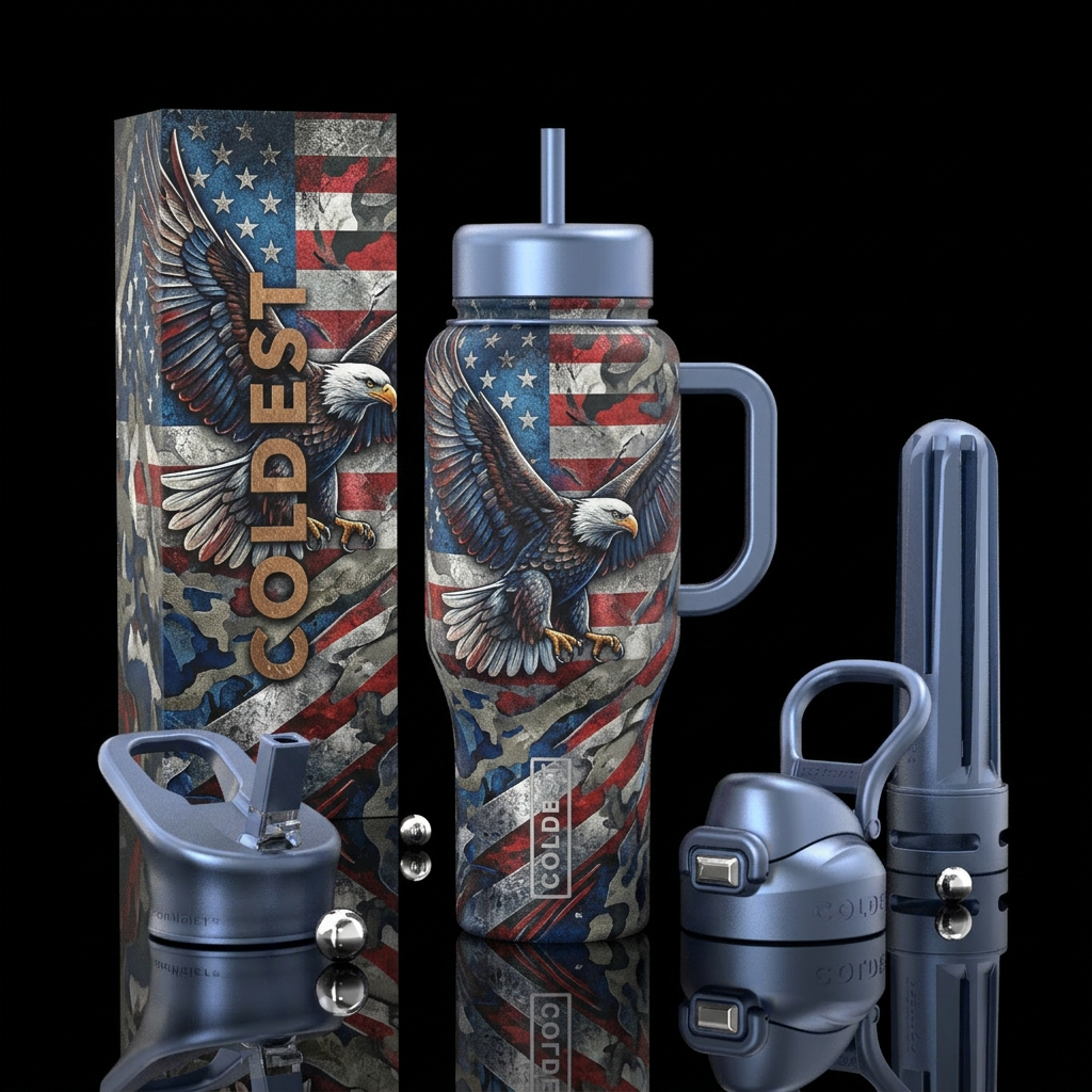 Manly patriotic Cup with eagle flying and American... water bottle design