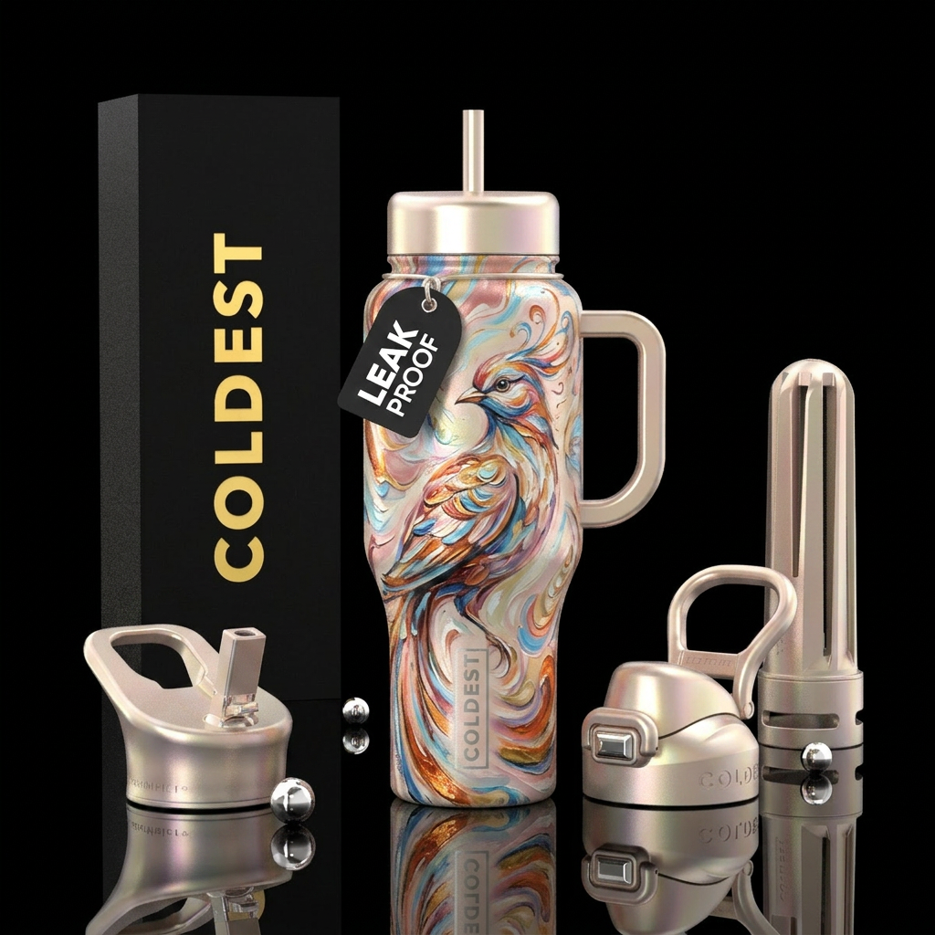 Iridescent cream chrome oil Painted girly bird Cup... water bottle design