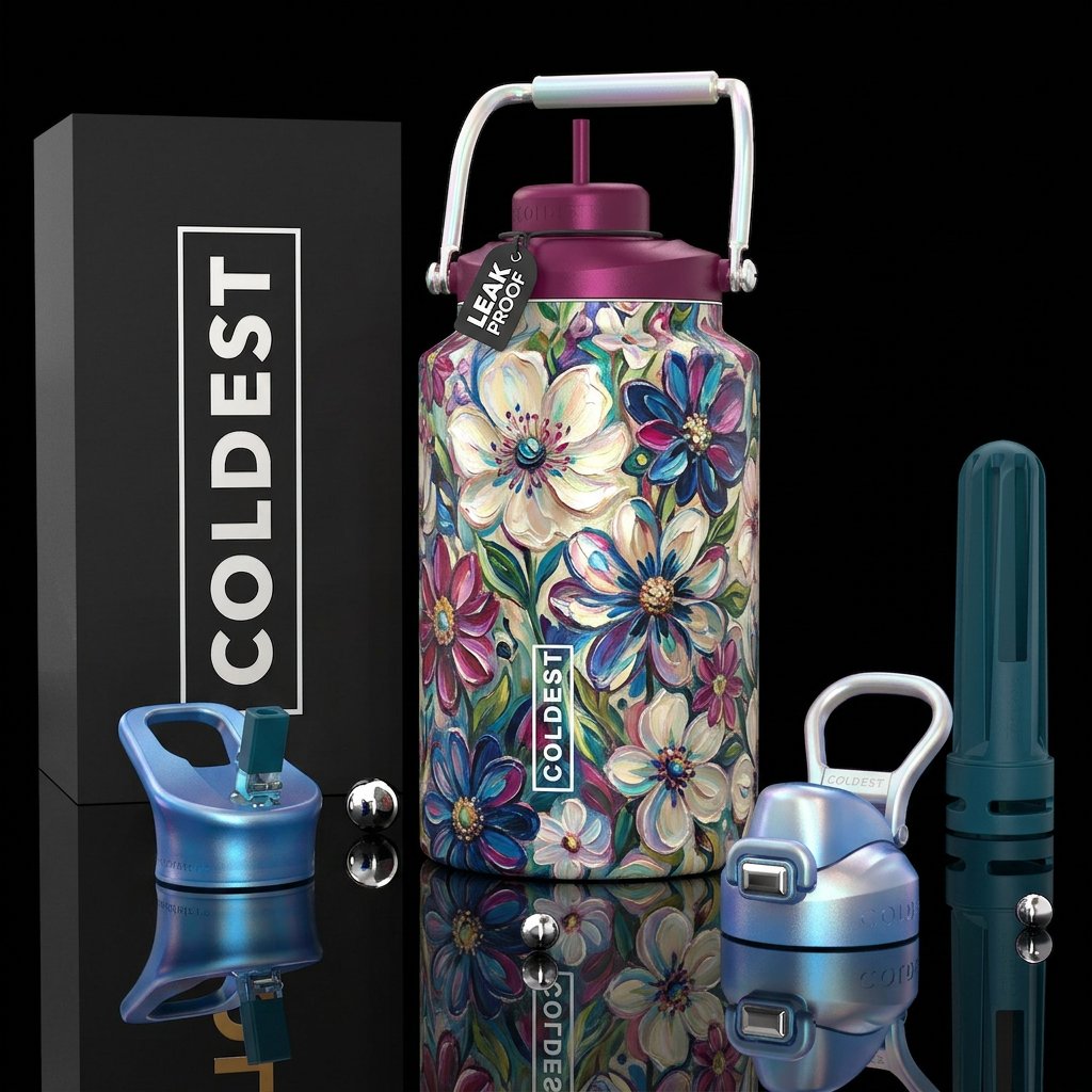 Iridescent cream chrome oil Painted girly flower C... water bottle design