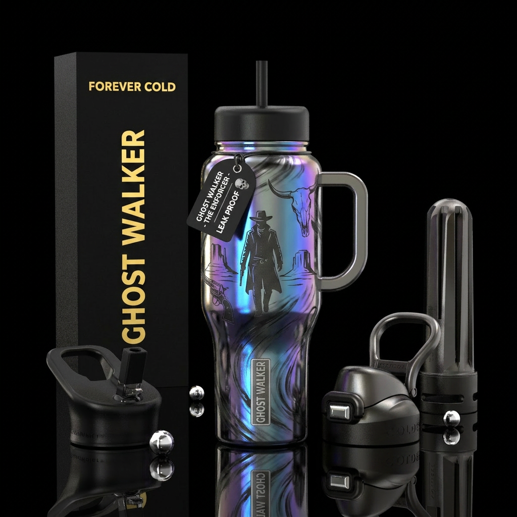 Iridescent western outlaw painted in gun smoke  ch... water bottle design
