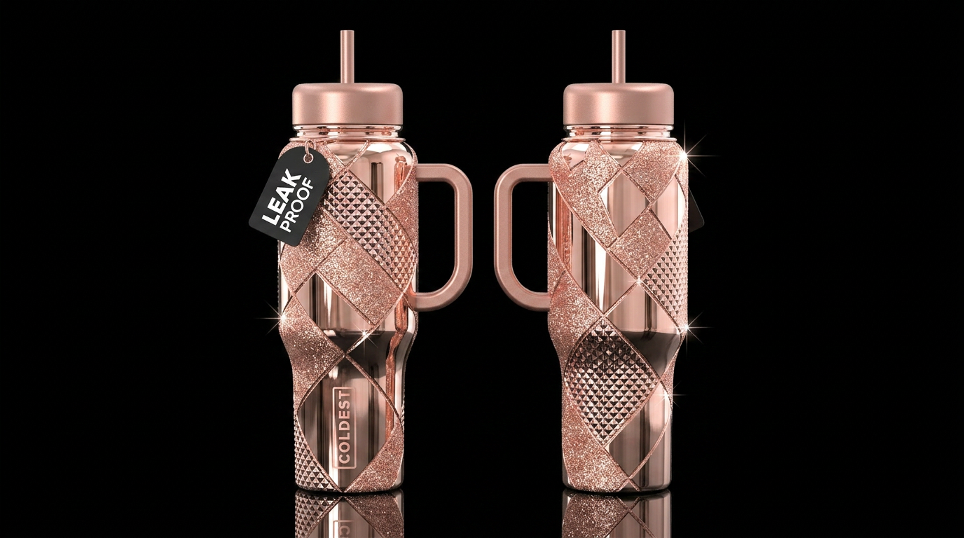 Rose gold chrome and rose gold sparkly glitter dia... water bottle design