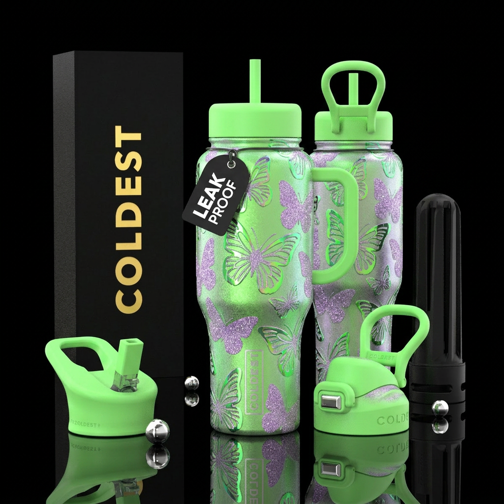 Neon iridescent green chrome and lavender sparkly ... water bottle design