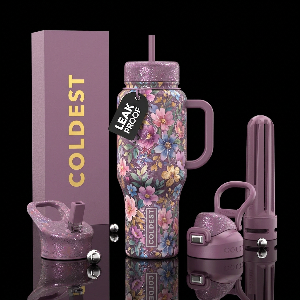 Glossy bottle with matte girls floral glitter desi... water bottle design