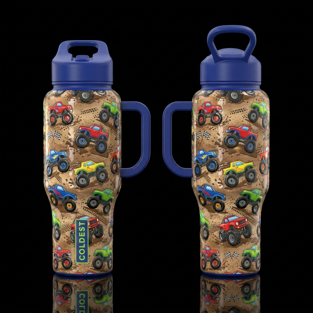 Kids little monster trucks in the dirt glossy text... water bottle design