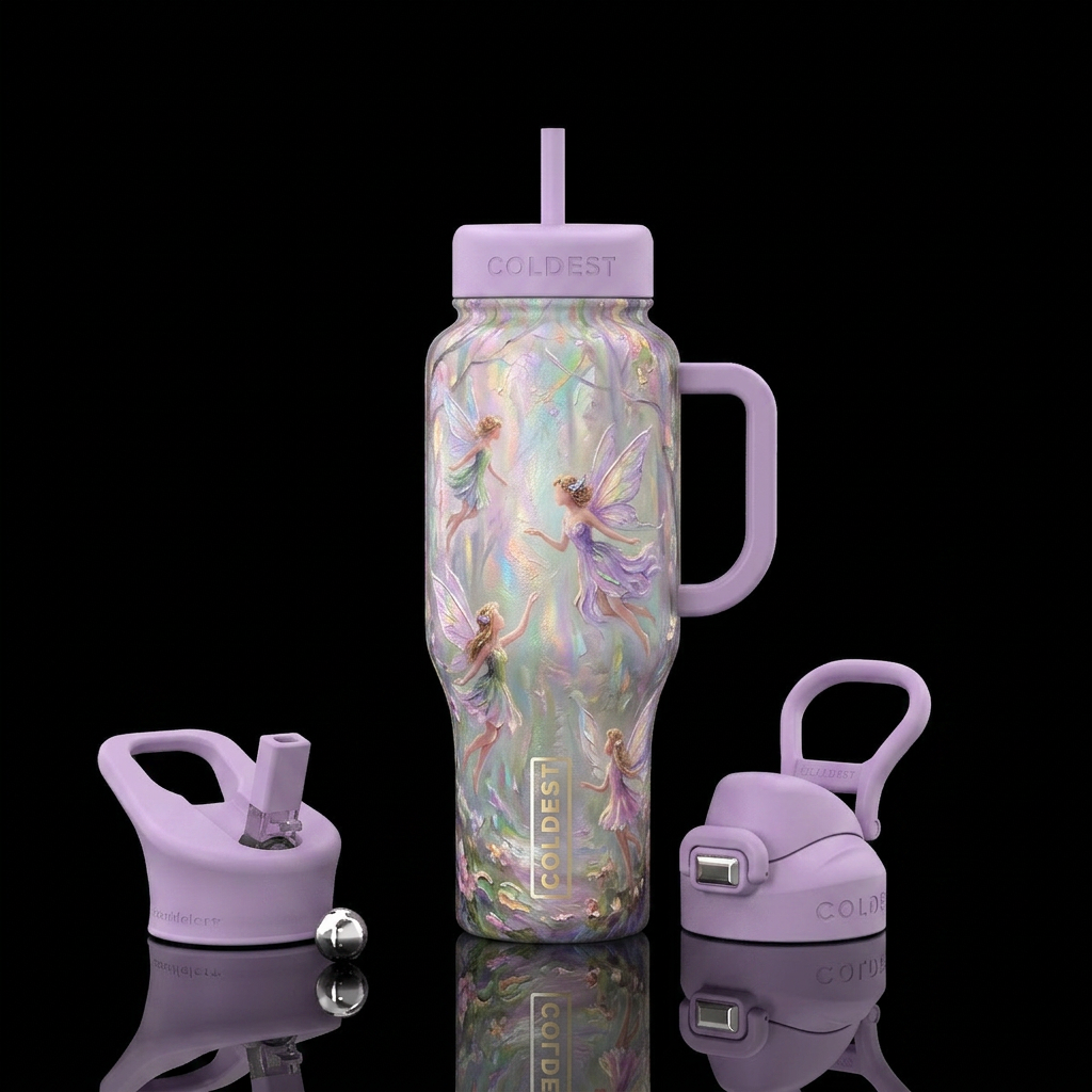 Dreamy pastel portrait textured oil painting, flyi... water bottle design