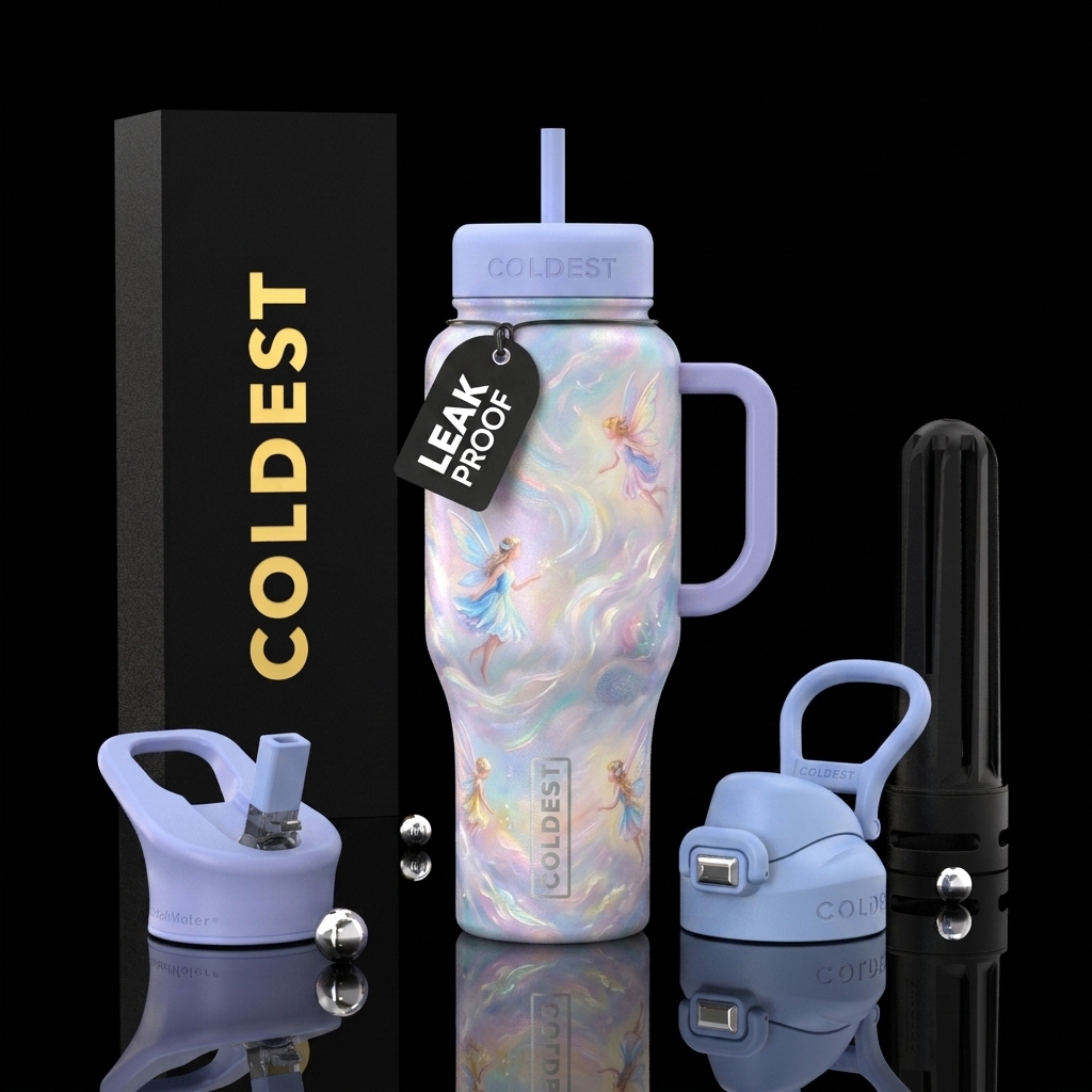 Dreamy pastel portrait textured oil painting, flyi... water bottle design