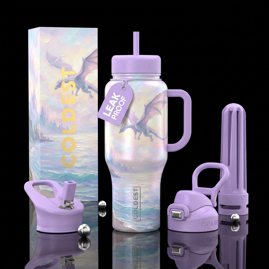 Dreamy pastel textured oil painting, flying dragon... water bottle design
