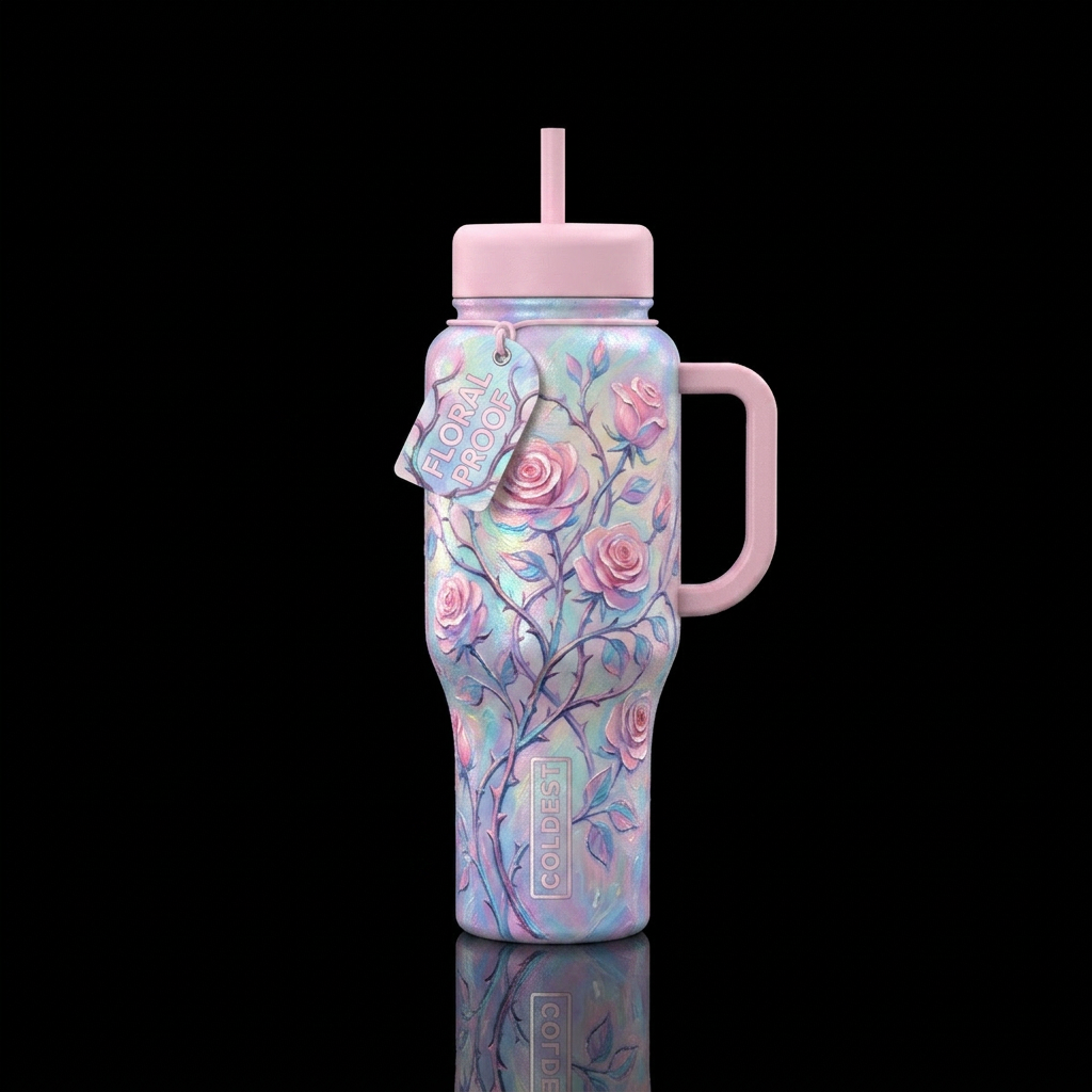 Dreamy pastel textured oil painting, rose bush wit... water bottle design