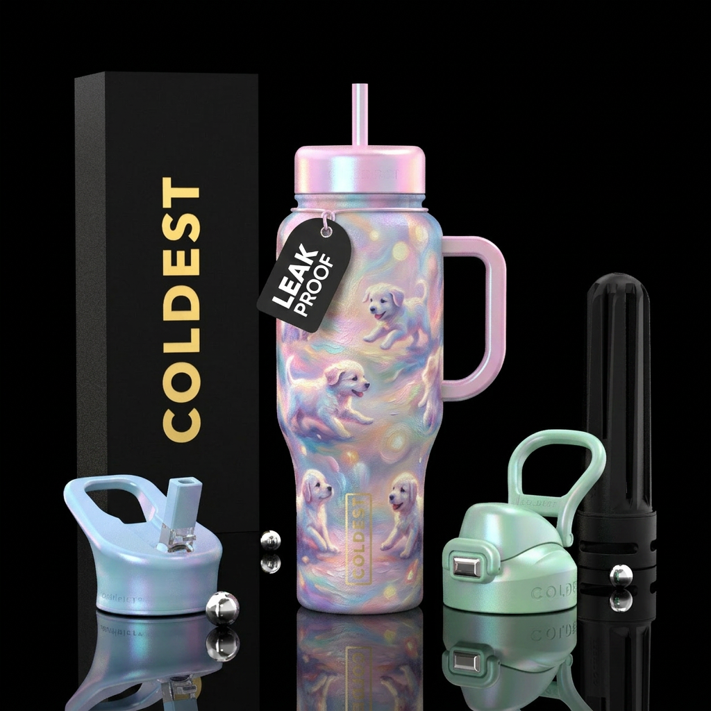 Dreamy pastel textured oil painting, puppies, ethe... water bottle design