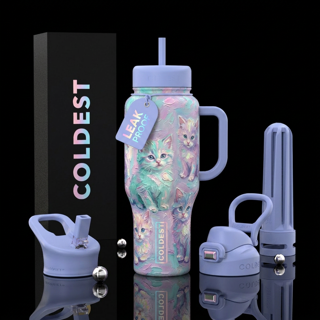 Dreamy pastel textured oil painting, kittens, ethe... water bottle design