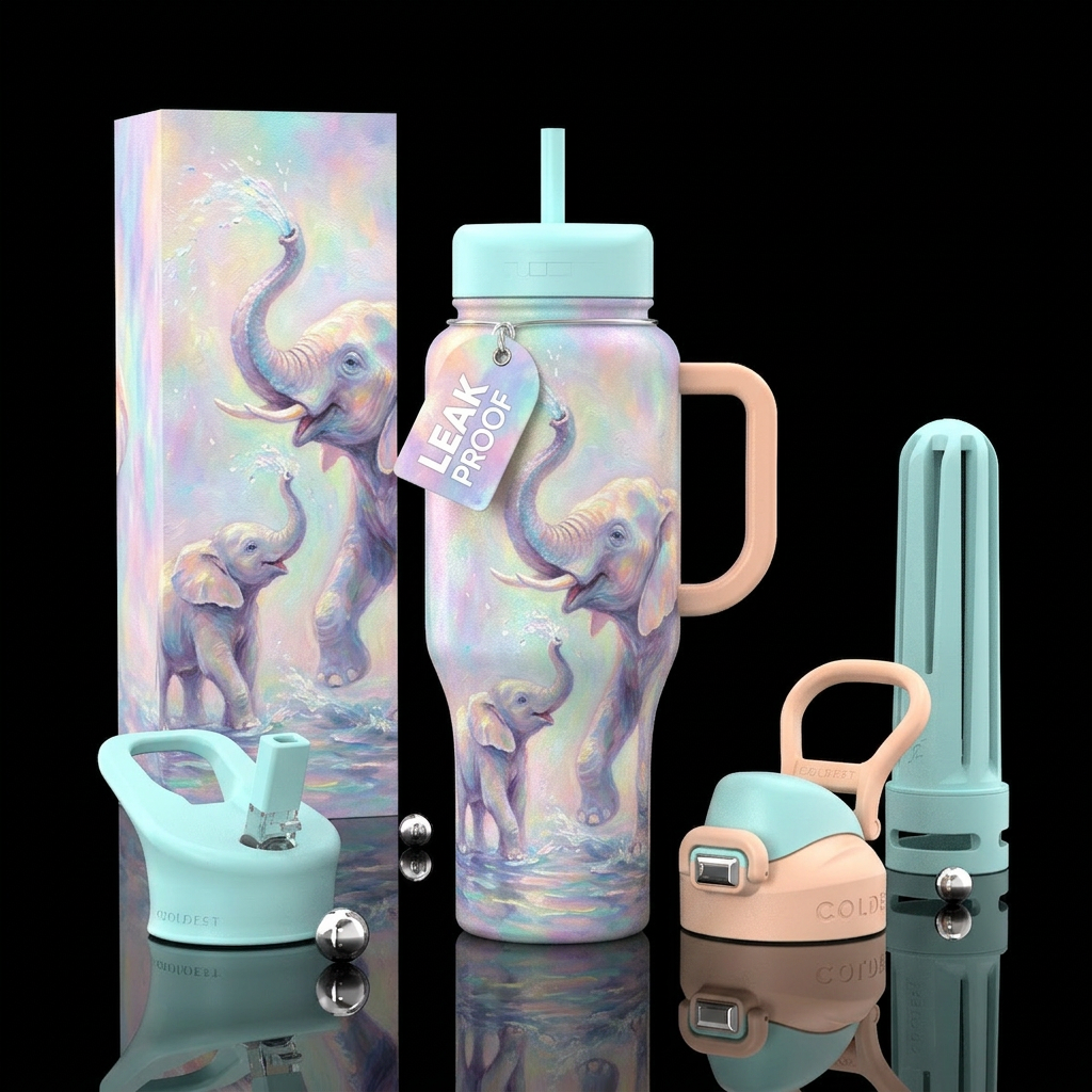 Dreamy pastel textured oil painting, elephant mom ... water bottle design