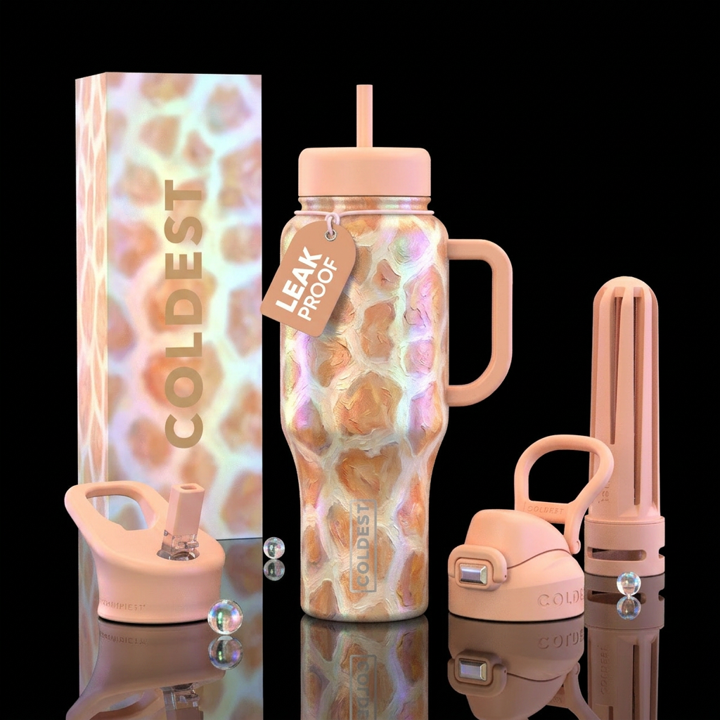 Dreamy pastel textured oil painting, tan, orange, ... water bottle design