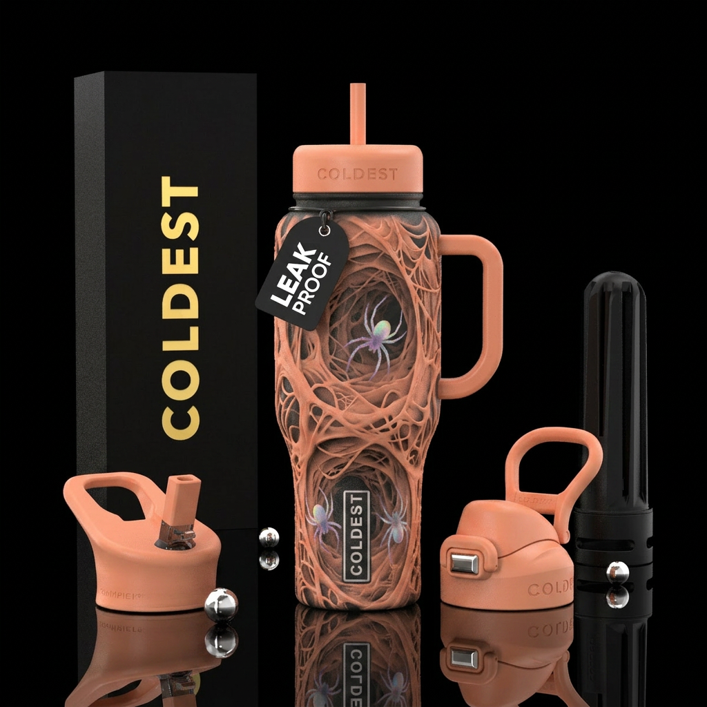 Dark Dreamy pastel orange scary cobweb tunnels tex... water bottle design