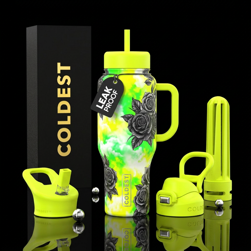Neon cloudy girly yellow and green and white tie d... water bottle design