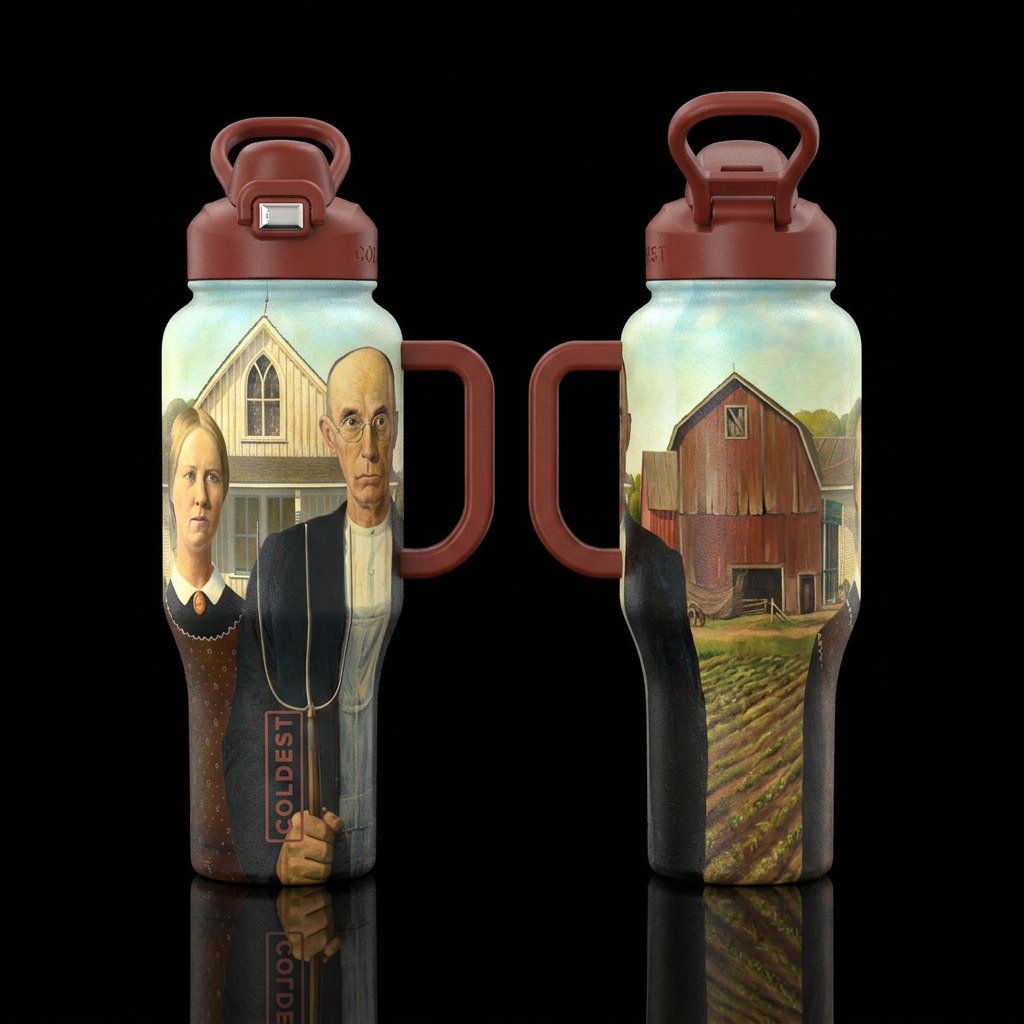 Cup with classic farmer and his wife painting wrap... water bottle design