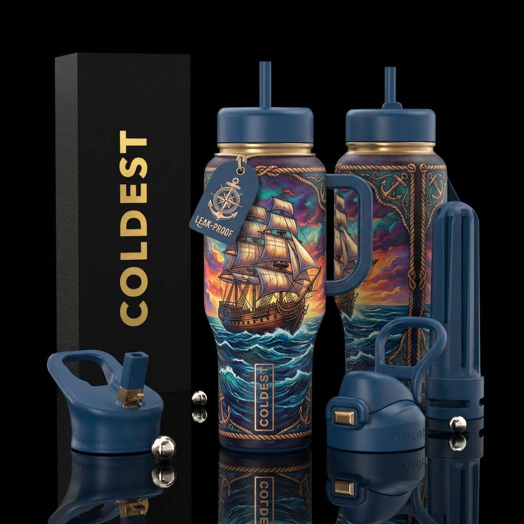 Western ship design with matching lids and handle ... water bottle design