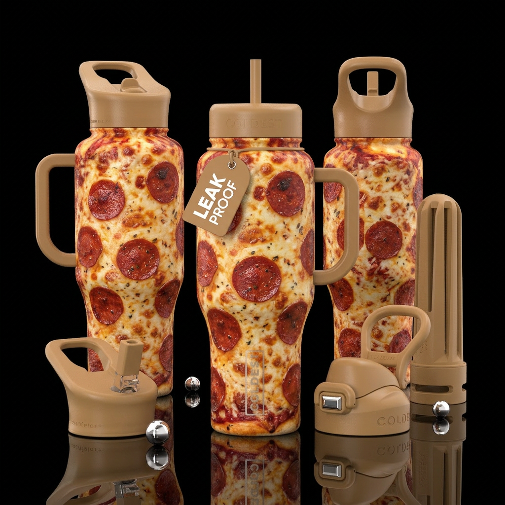 Bottle made of pepperoni pizza with matching tan l... water bottle design