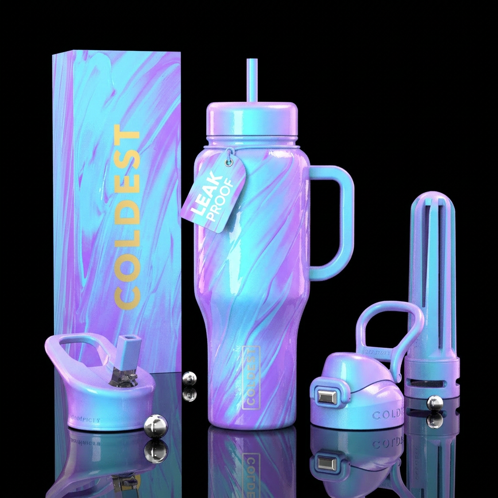 Bright light blue neon light purple color shifting... water bottle design