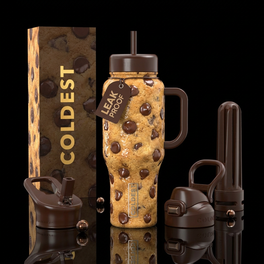 Cup made of a chocolate chip cookie with glossy te... water bottle design