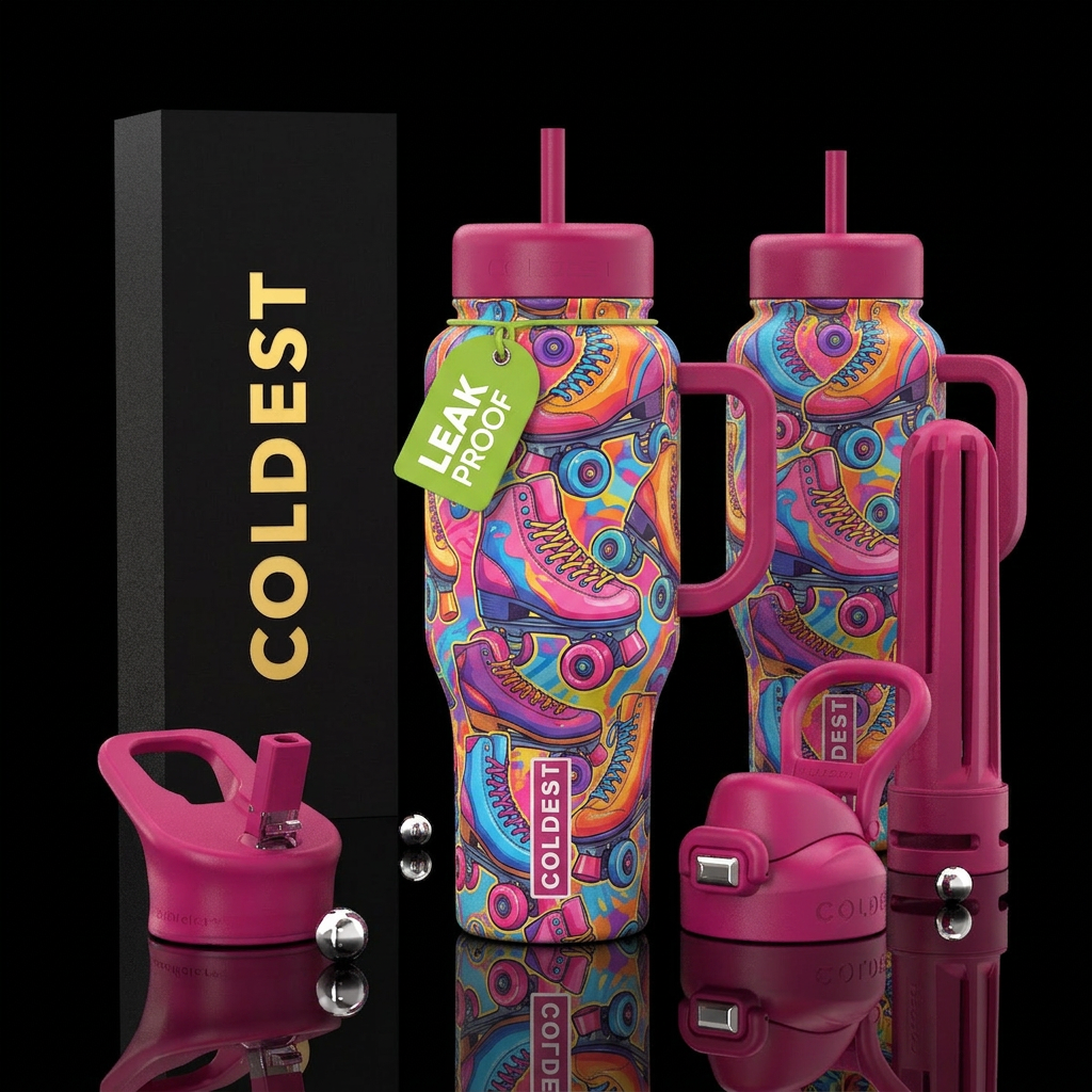 Bright bold funky roller skate pattern with matchi... water bottle design