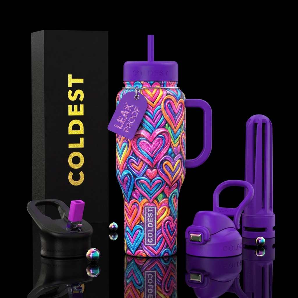 cup wrapped in sparkly, thick multicolored floresc... water bottle design