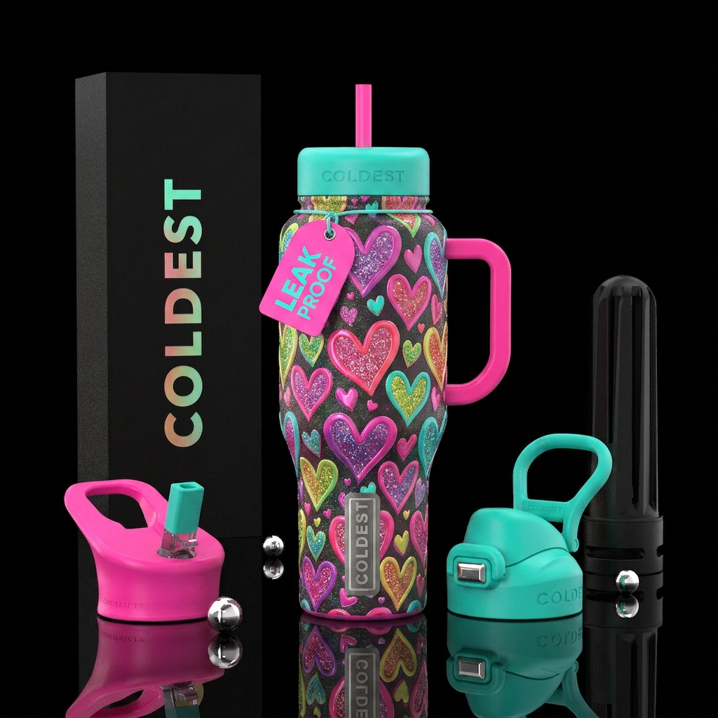 cup wrapped in sparkly, thick multicolored floresc... water bottle design